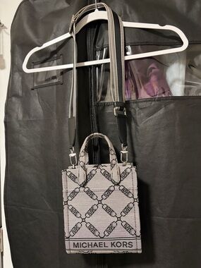 Michael Kors Black & White Logo Crossbody Mini Tote with Striped Strap